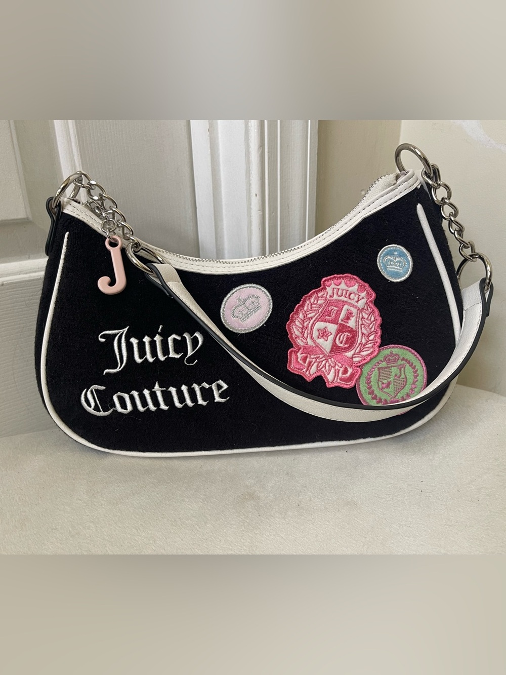 Juicy Couture Black Shoulder Bag with Pink & Green Patch Accents